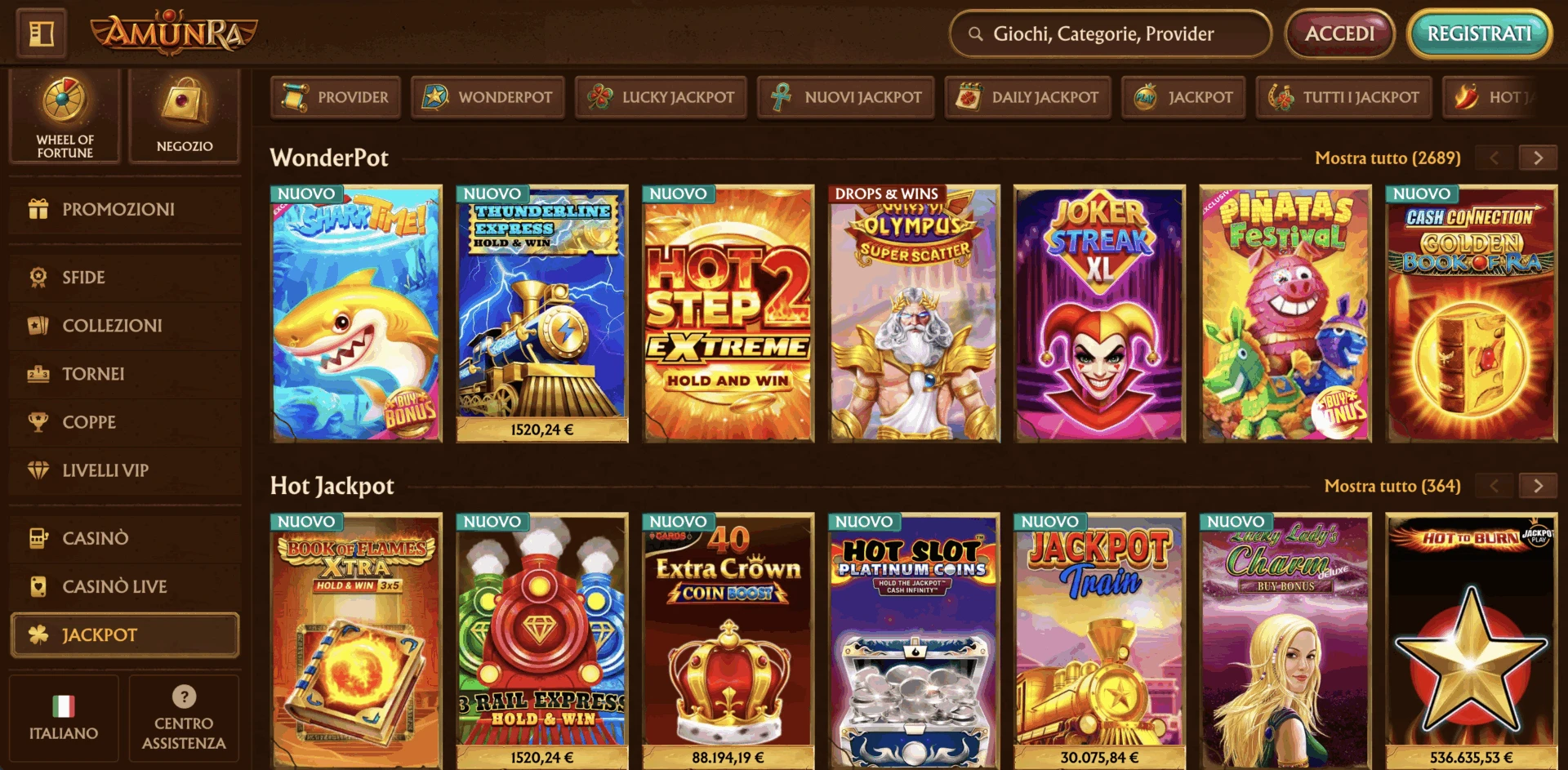 Jackpot dei giochi disponibili su AmunRa Casinò