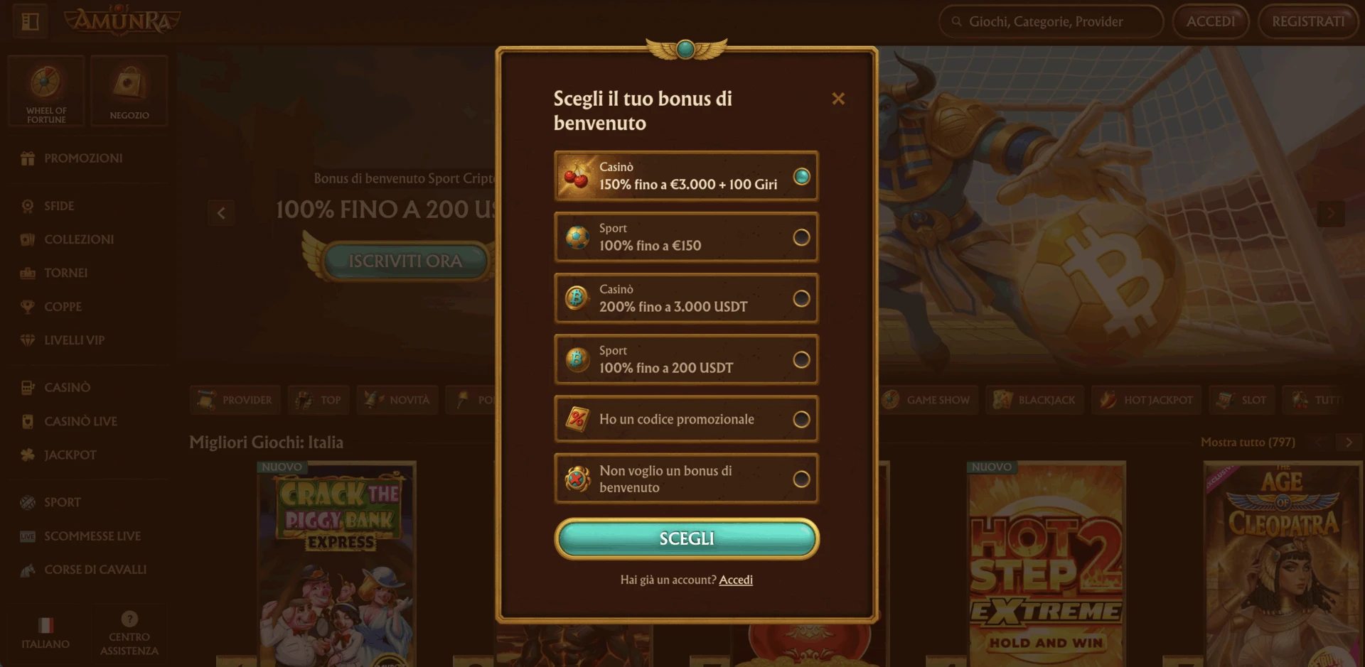 Modulo di registrazione con selezione del bonus su AmunRa Casinò
